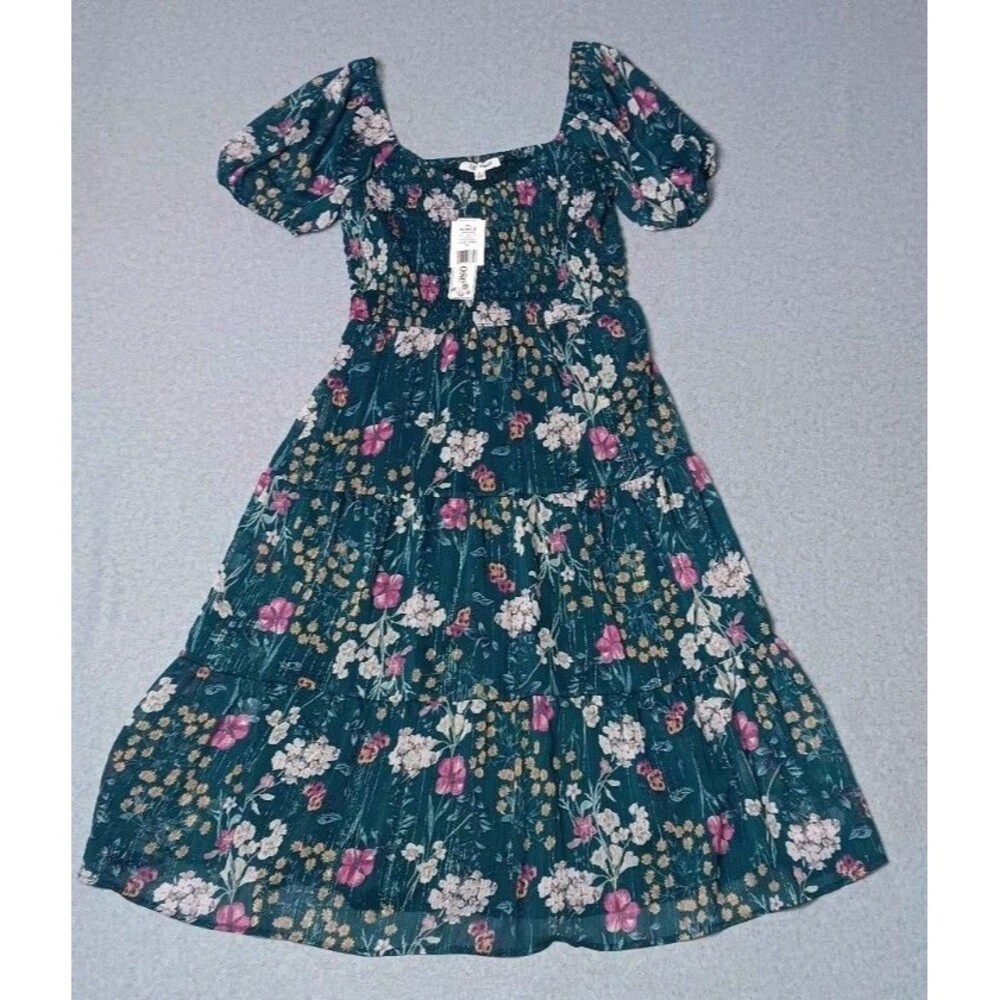 NWT! Lily Rose Smocked Tiered Maxi Dress Juniors Large Jade Blossom Green Puffed